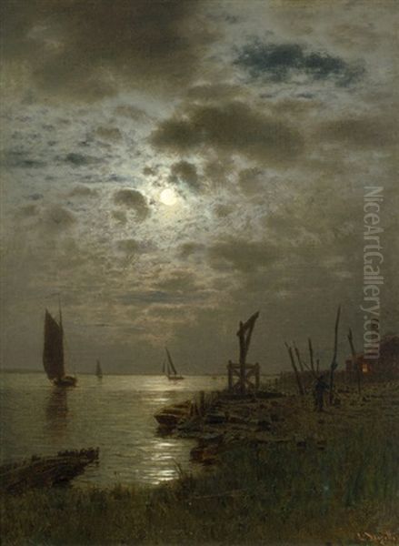 Boddenlandschaft Bei Vollmond Oil Painting by Louis Douzette