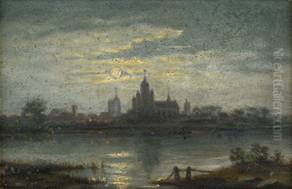 Ansicht Von Schwerin Im Mondschein Oil Painting by Louis Douzette