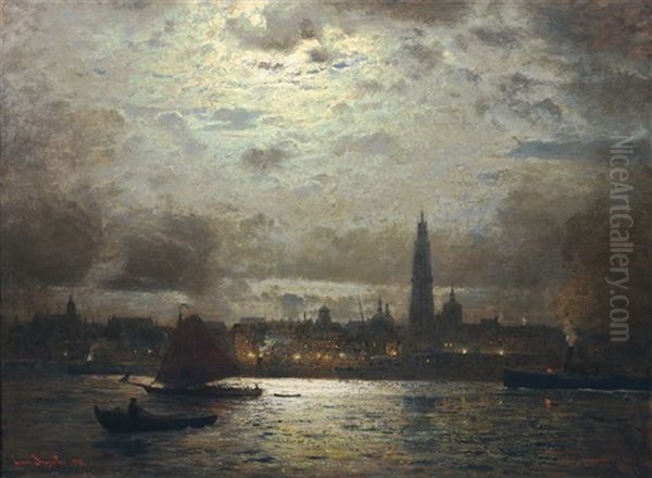 Antwerp In Moonlight Oil Painting by Louis Douzette