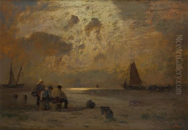 Pecheurs Au Coucher Du Soleil Oil Painting by Louis Douzette