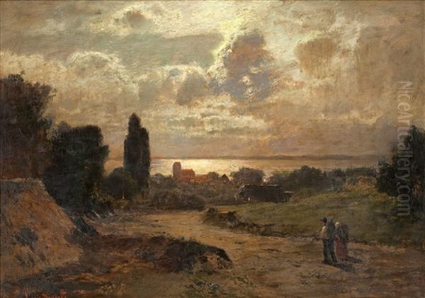 Landskap Med Solnedgang Oil Painting by Louis Douzette