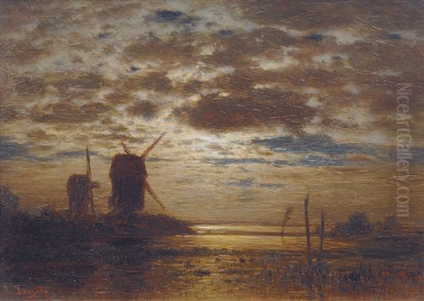 Mills In The Moonlight Oil Painting by Louis Douzette