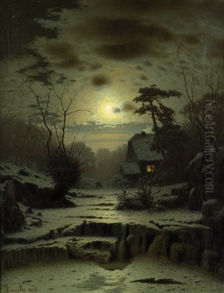 Winterliche Vollmondlandschaft Mit Haus An Einem Kleinen See Oil Painting by Louis Douzette