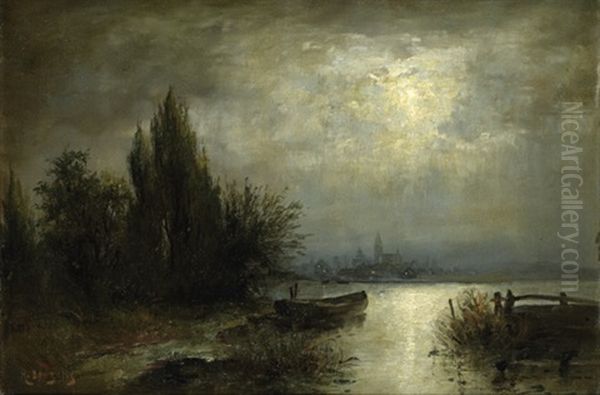 Mondnacht: Fischerboot Auf Einem See, Im Hintergrund Die Silhouette Einer Kleinen Stadt Oil Painting by Louis Douzette