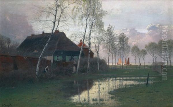 Fischerhauser In Der Abendstimmung Am Bodden Mit Booten Oil Painting by Louis Douzette