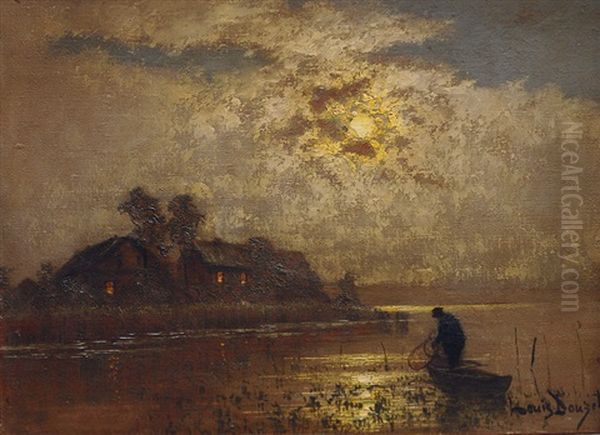 Fisherman In The Moonlight Oil Painting by Louis Douzette