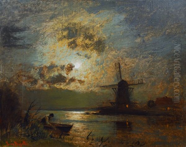 Nocturnal River Landscape Oil Painting by Louis Douzette