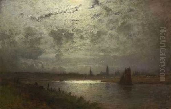 Mondscheinlandschaft Mit Blick Auf Lubeck Oil Painting by Louis Douzette