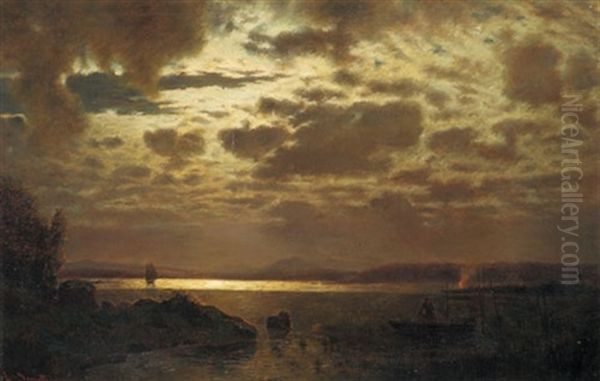 Seenlandschaft Bei Vollmond Oil Painting by Louis Douzette