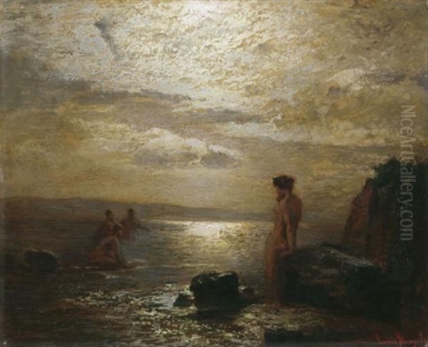 Badende An Felsiger Kuste Bei Sonnenuntergang Oil Painting by Louis Douzette