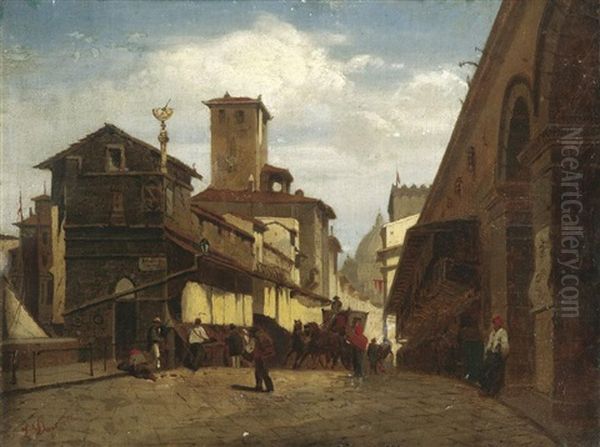 Auf Dem Ponte Vecchio In Florenz Oil Painting by Louis Douzette