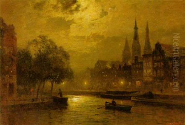 Mondschein Uber Der Gracht Einer Hollandischen Stadt Oil Painting by Louis Douzette