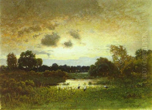 Abendliche Landschaft Mit Storchen Oil Painting by Louis Douzette