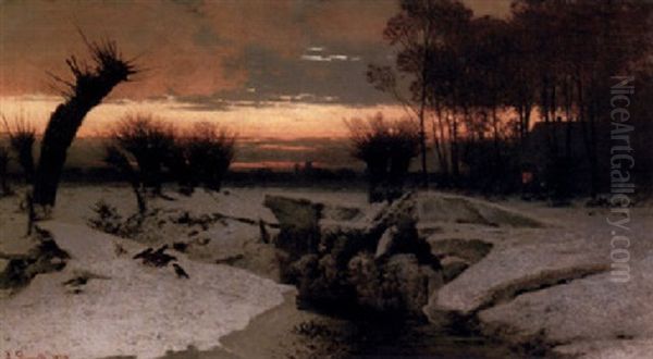 Markische Winterlandschaft Bei Sonnenuntergang Oil Painting by Louis Douzette