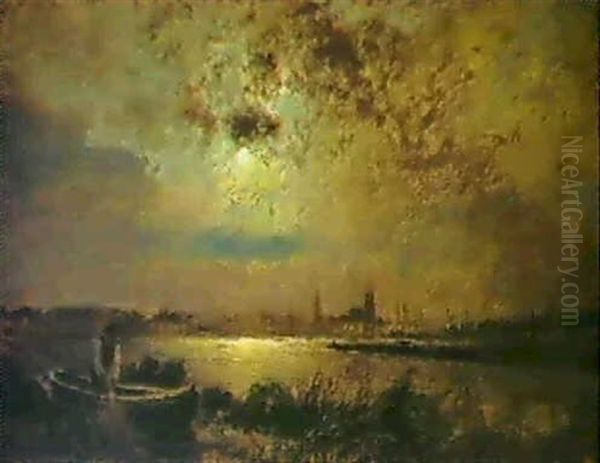 Fischer Bei Mondschein An Der Alster Oil Painting by Louis Douzette