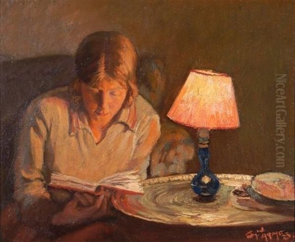 Young Girl Seated In A Chair Reading By Table Lamp Oil Painting by Thomas W., Tom Armes