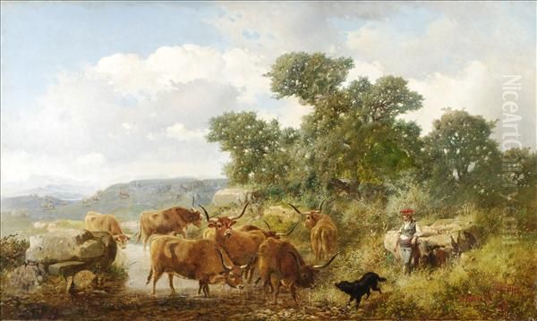 Spanish Herdsman Andcattle In A Landscape Oil Painting by Jose Armet Y Portanell