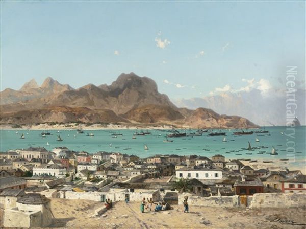 South American Coastal Town Oil Painting by Achille Dovera