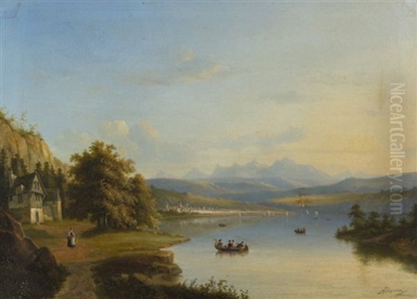 Paesaggio Sul Lago Oil Painting by Achille Dovera