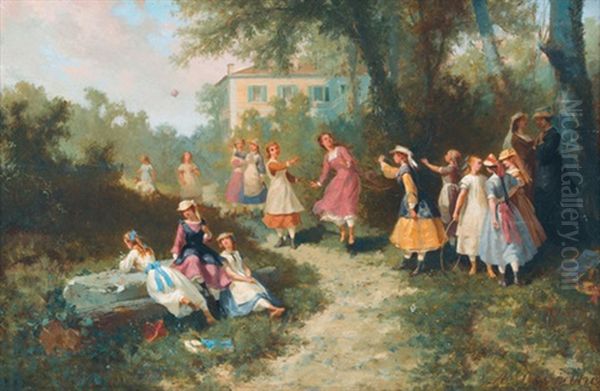 Spielende Junge Madchen Im Freien Oil Painting by Auguste (Viande) Doviane