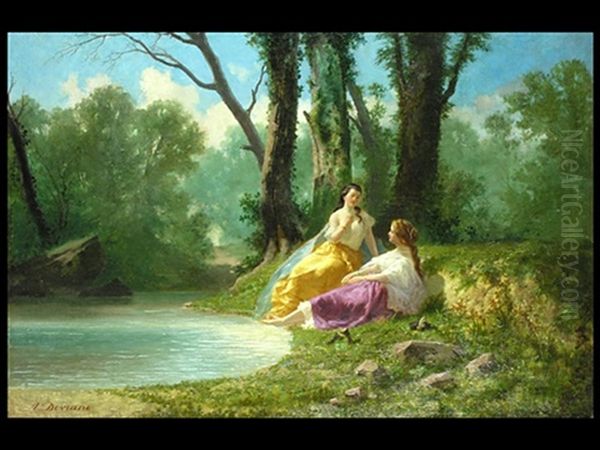 Zwei Frauen Am Bach Oil Painting by Auguste (Viande) Doviane