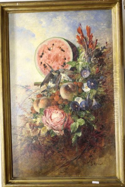 Bodegon De Flores, Pajaros Y Sandia Oil Painting by Jose Armet Y Portanell