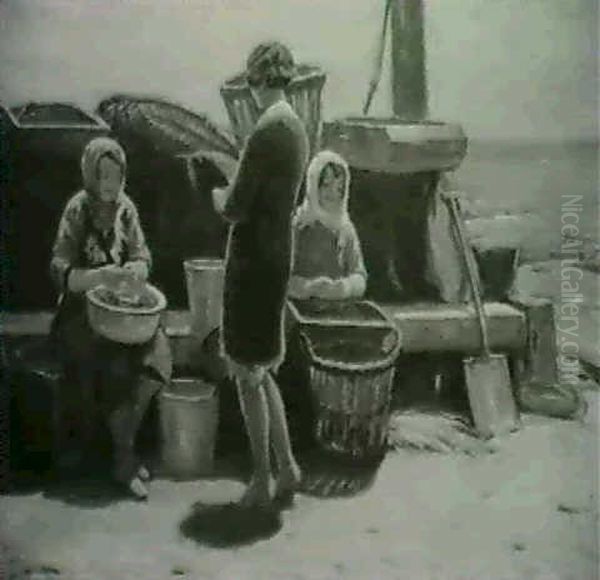 Beach Scene With Fish Sellers Oil Painting by Charles Rennie Dowell