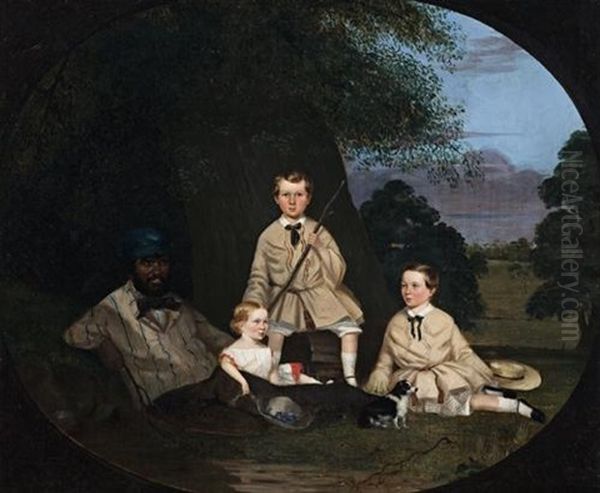 Masters George, William And Miss Harriet Ware With The Aborigine Jamie Ware Oil Painting by Robert Dowling