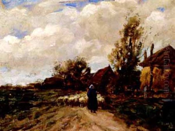 Shepherdess And Her Flock Returning Home Oil Painting by John Patrick Downie