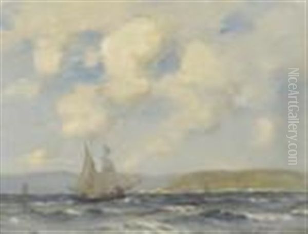 Fishing Boats Off A Sunlit Coastline Oil Painting by Patrick Downie