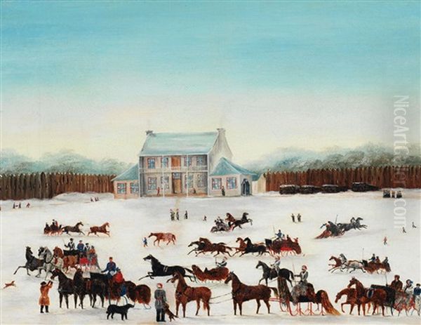 The Officers Of The 83rd Regiment, Upper Canada, Sleighing On Their Parade Grounds Oil Painting by J.T. Downman