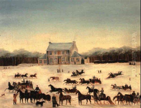 Officers Of The 83rd Regiment, Upper Canada, Sleighing On Parade Grounds Oil Painting by J.T. Downman