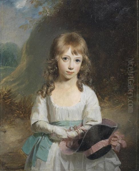 Portrait Of A Young Girl, Half-length, In A White Dress, Holding Her Bonnet Oil Painting by John Downman