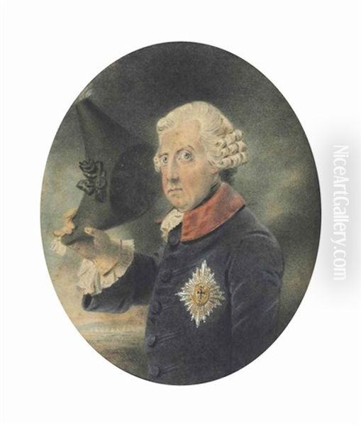 Portrait Of King Frederick The Great Of Prussia (1712-1786), Half-length, Wearing A Blue Coat And The Order Of The Schwarzen Adler, And Holding His Tricorn Hat, An Encampment Beyond Oil Painting by John Downman