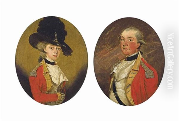 Portrait Of A Lady, Probably Mrs. Jane Handley (d.1809), Half-length, In Infantry Uniform And A Black Plumed Hat; And Portrait Of A Gentleman, Probably Mr. William Handley, Half-length, In Infantry Uniform (pair) Oil Painting by John Downman