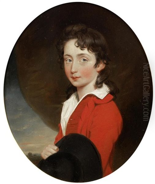 Portrait Of Thomas Thackery Of Bath, Half-length, In A Red Coat, Before A Landscape Oil Painting by John Downman