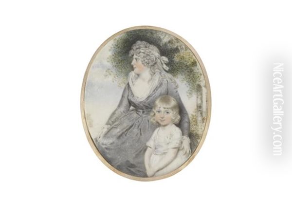 A Mother And Child Standing Before A Landscape: The Former, Wearing Grey Dress Over White Chemise, Her Curled And Powdered Hair Secured With A White Bandeau; The Latter Oil Painting by John Downman