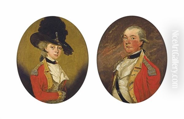 Portrait Of A Lady, Probably Mrs. Jane Handley (d.1809), Half-length, In Infantry Uniform And A Black Plumed Hat (+ Portrait Of A Gentleman, Probably Mr. William Handley, Half-length, In Infantry Uniform; Pair) Oil Painting by John Downman