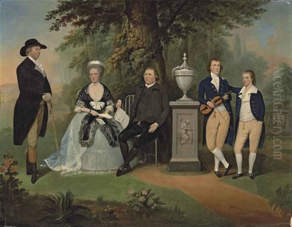 A Group Portrait Of The Wilson Family, With Mrs Wilson, Nee Hotham, The Reverend Edward Wilson And Their Two Sons, With Another Figure... Oil Painting by John Downman