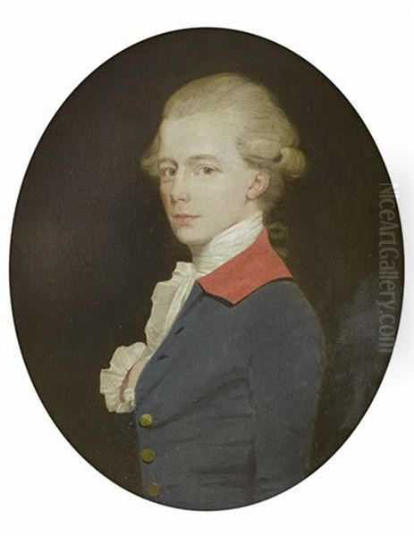 Portrait Of A Gentleman In A Blue Coat With Red Collar And A White Lace Jabot Oil Painting by John Downman