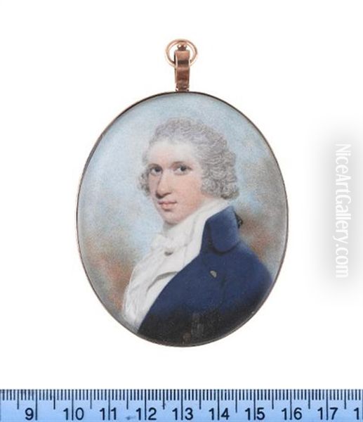 A Gentleman, Wearing Blue Coat, White Stock And Cravat, His Powdered Hair Tied With A Black Ribbon Bow Oil Painting by John Downman