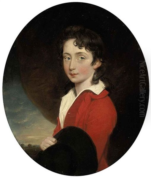 Portrait Of Thomas Thackeray In A Red Coat, A Black Hat In His Right Hand, A Landscape Beyond Oil Painting by John Downman