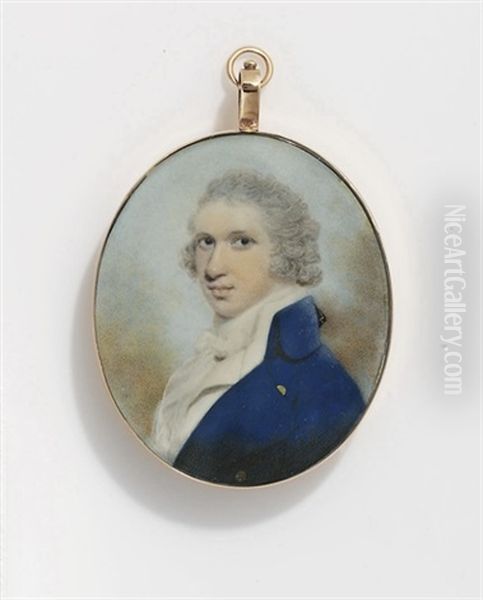 A Young Gentleman, In Dark Blue Jacket, White Waistcoat, White Frilled Muslin Shirt And Bowed Cravat, Powdered Curling Wig With Black Silk Bag Oil Painting by John Downman