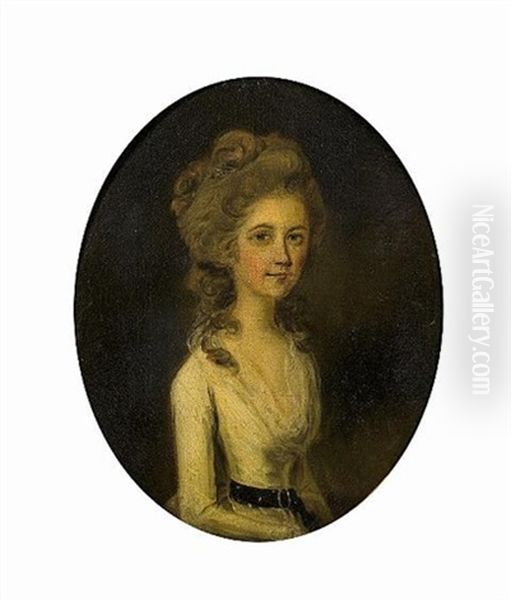 Portrait Of A Blond Lady, Half-length, In A White Dress Seated (+ Portrait Of A Brunette Lady, Half-length, In A White Dress, Seated, Smllr ; Pair) Oil Painting by John Downman