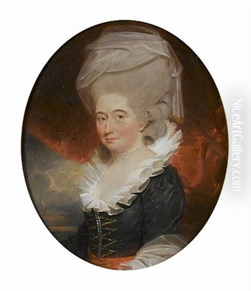 Portrait Of A Lady, In A Black Dress With A Red And Gold Sash And White Collar, Seated Before A Red Curtain, A View To A Landscape Beyond Oil Painting by John Downman