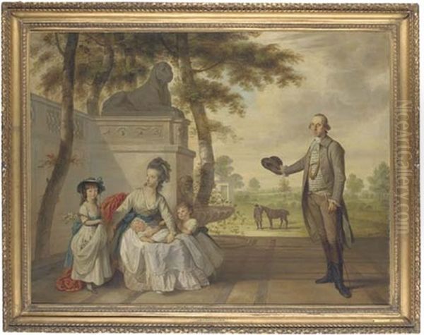 Portrait Of Benjamin Cole And His Family In A Garden, A Groom Holding A Bay Horse In The Background by John Downman