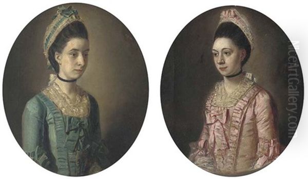 Portrait Of A Lady, Small Half-length, In A Pink Dress (+ Portrait Of A Lady, Small Half-length, In A Blue Dress, In A Painted Oval; Pair) Oil Painting by John Downman