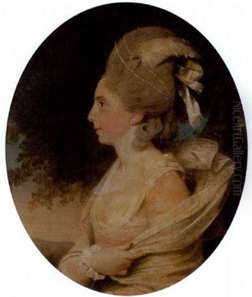 Portrait Of Susan Rushbrooke In A White Dress And Shawl, With A Jewelled And Feathered Headdress Oil Painting by John Downman