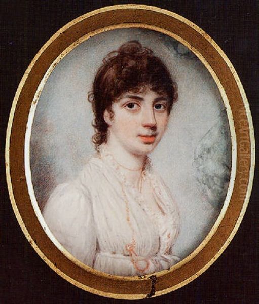 A Young Lady (mrs Maxwell?) Wearing Low-cut Dress With Frilled Collar, Ribbon Necklace And Lorgnette Oil Painting by John Downman