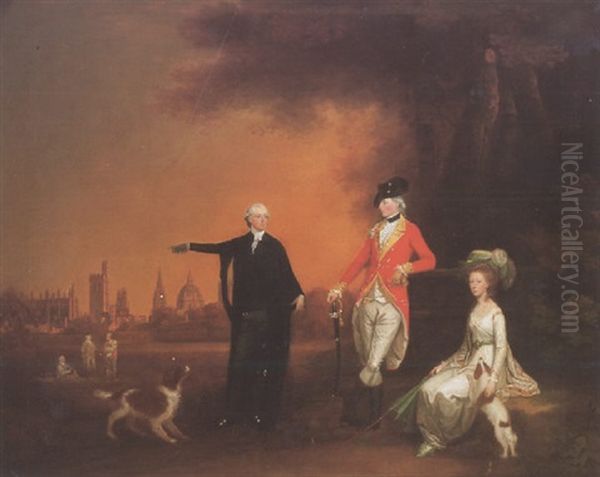 Portrait Of The Rev. Thoams Eyre, His Sister Frances And Her Husband Major Robert Sherwood With Oxford Beyond Oil Painting by John Downman